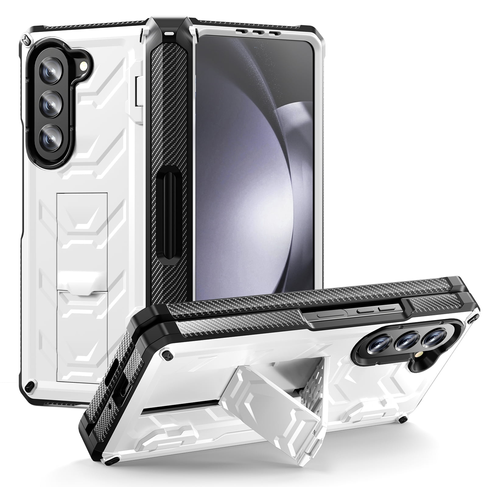 ELEHOLD Rugged Hybrid Case for Samsung Galaxy Z Fold 5 with Built-in Screen Protector Hidden Kickstand Pen Slot Heavy Duty Full Body Shockproof Case with Stylus Pen for Samsung Z Fold5 2023,White