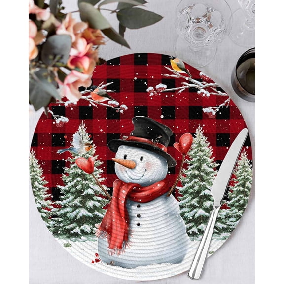 13 Inch Round Placemats Set of 4, Red Plaid Snowman Christmas Non Slip Heat Insulation PP Table Mats, Xmas Tree Snowflake Birds Branches Washable Place Mats for Kitchen Dining Party Table Decor