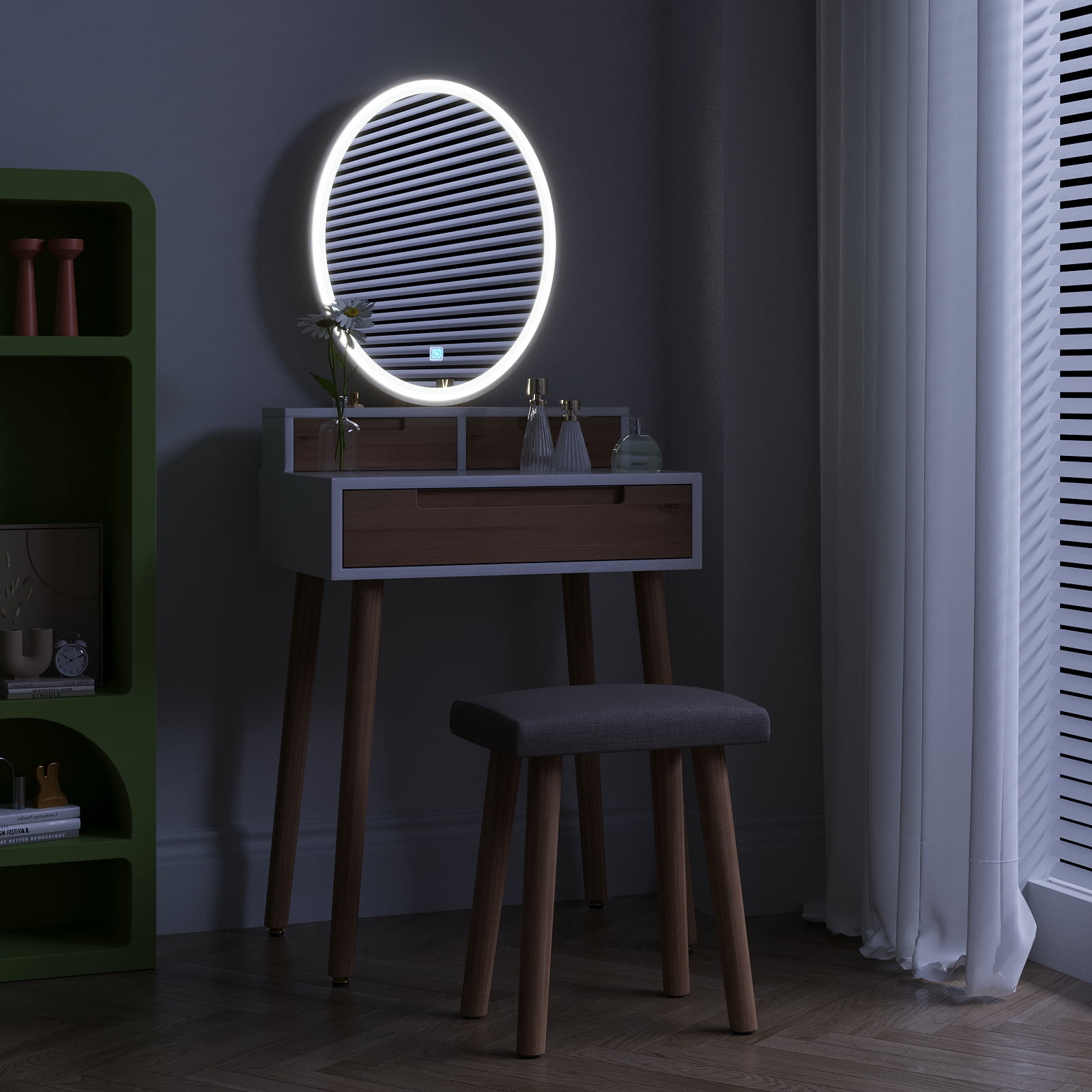 ELECWISH 24'' Small Makeup Vanity With Adjustable Brightness Mirror, Vanity Desk with Storage Drawers and Cushioned Stool