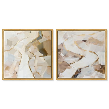 Caramel Bark Set Canvas Set of 2 Earth Tone Abstract by Art Remedy, Gold Frame, 20 x 20