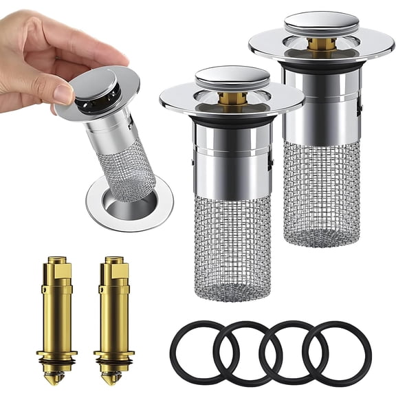 2Pcs Pop Up Bathroom Sink Stopper,Sink Drain Filter, Bathroom Sink Drain Strainer with Removable Stainless Steel Filter Basket Hair Catcher, for US