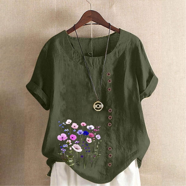 TaTaai Casual Printed Button Blouse, Women's Short Sleeve Linen Feel T-Shirt, Comfortable Top for All Seasons Gift
