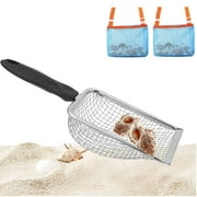 TRIANU 2Pcs Beach Mesh Shovel with 2Pcs Mesh Beach Bags for Shell Collecting, Kids Filter Sand Scooper for Picking Up Shells, Shark Tooth Sifter Dipper for Boys and Girls, Beach Toy