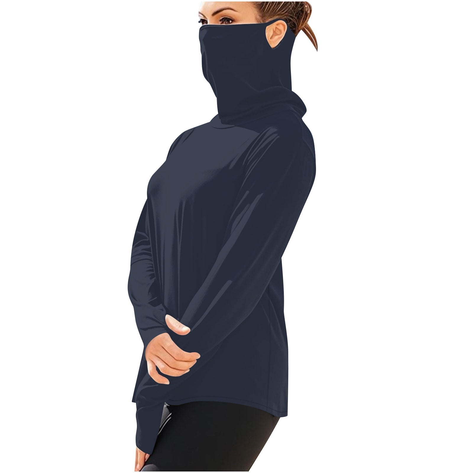 Stamzod Unisex Sun Shirt with Mask Summer Lightweight Ice Silk Long Sleeve Outdoor Fishing Shirt Solid Color Casual Loose Sun Protection Clothing Women Navy L