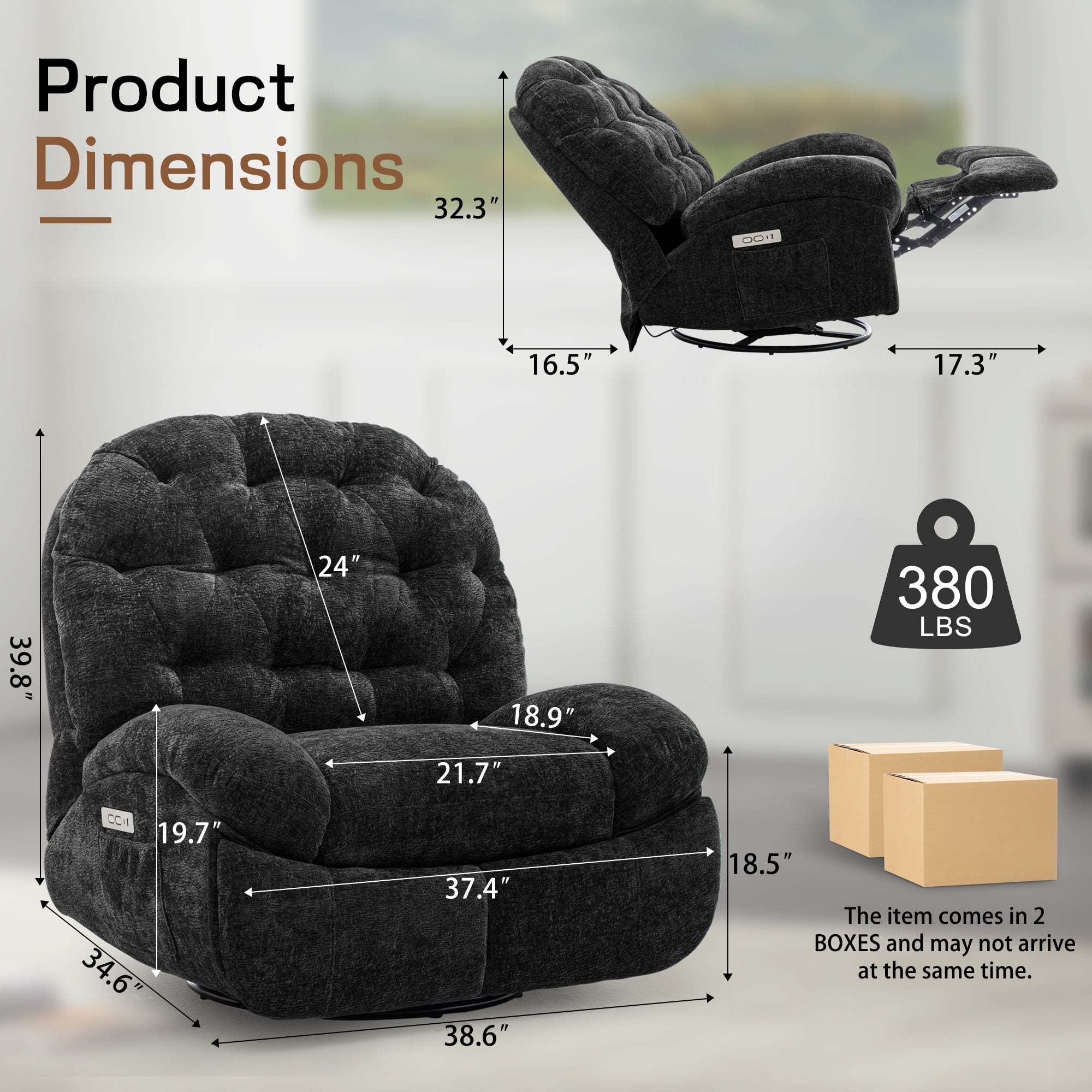 Korser Power Swivel Rocker Recliner Chair with USB Ports Chenille for Living Room,Black