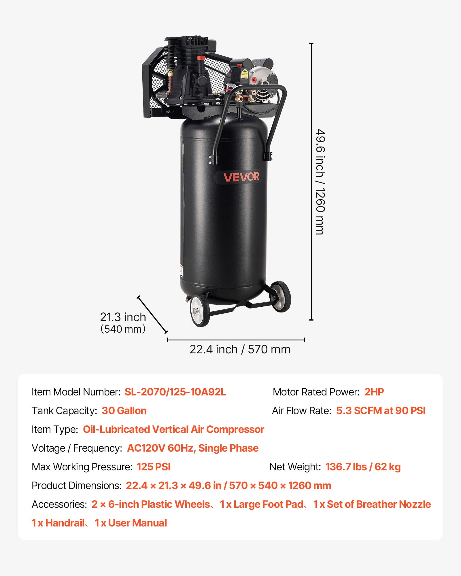 VEVOR 30-Gallon Air Compressor, 2HP 5.3SCFM at 90PSI, Max 125PSI Pressure Oil-Lubricated Air Compressor Tank, Portable on Wheels for Auto Repair, Tire Inflation, Spray Painting, Woodwork Nailing,120V