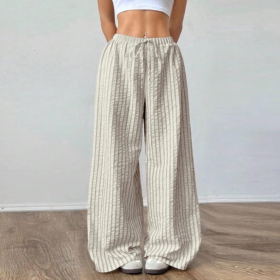 Juslio Women Pants Casual Lace-up Striped Comfortable High Waist with Pockets Straight Pants