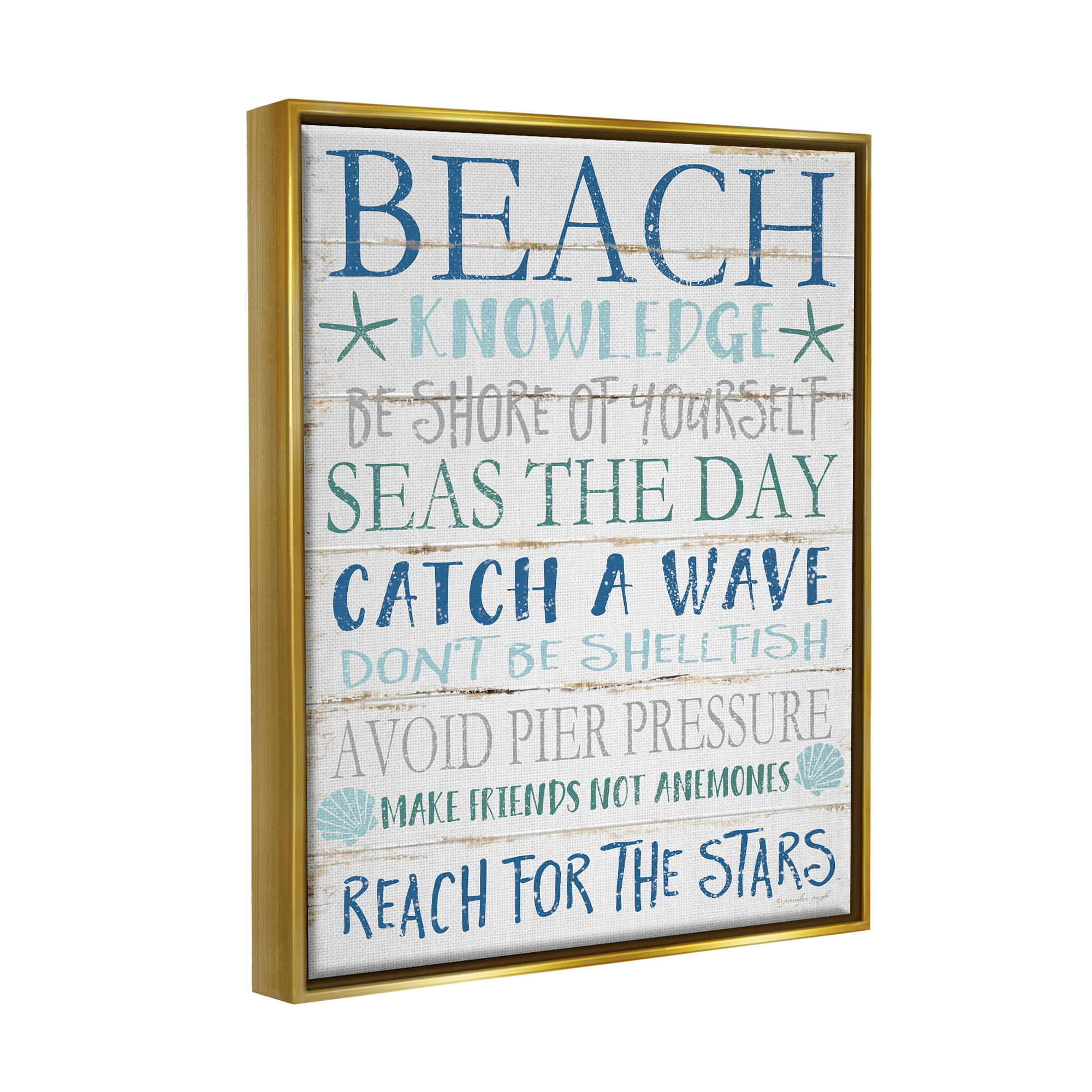 Stupell Industries Beach Knowledge Blue Aqua and White Planked Look Sign Metallic Gold Framed Floating Canvas Wall Art, 16x20, by Jennifer Pugh
