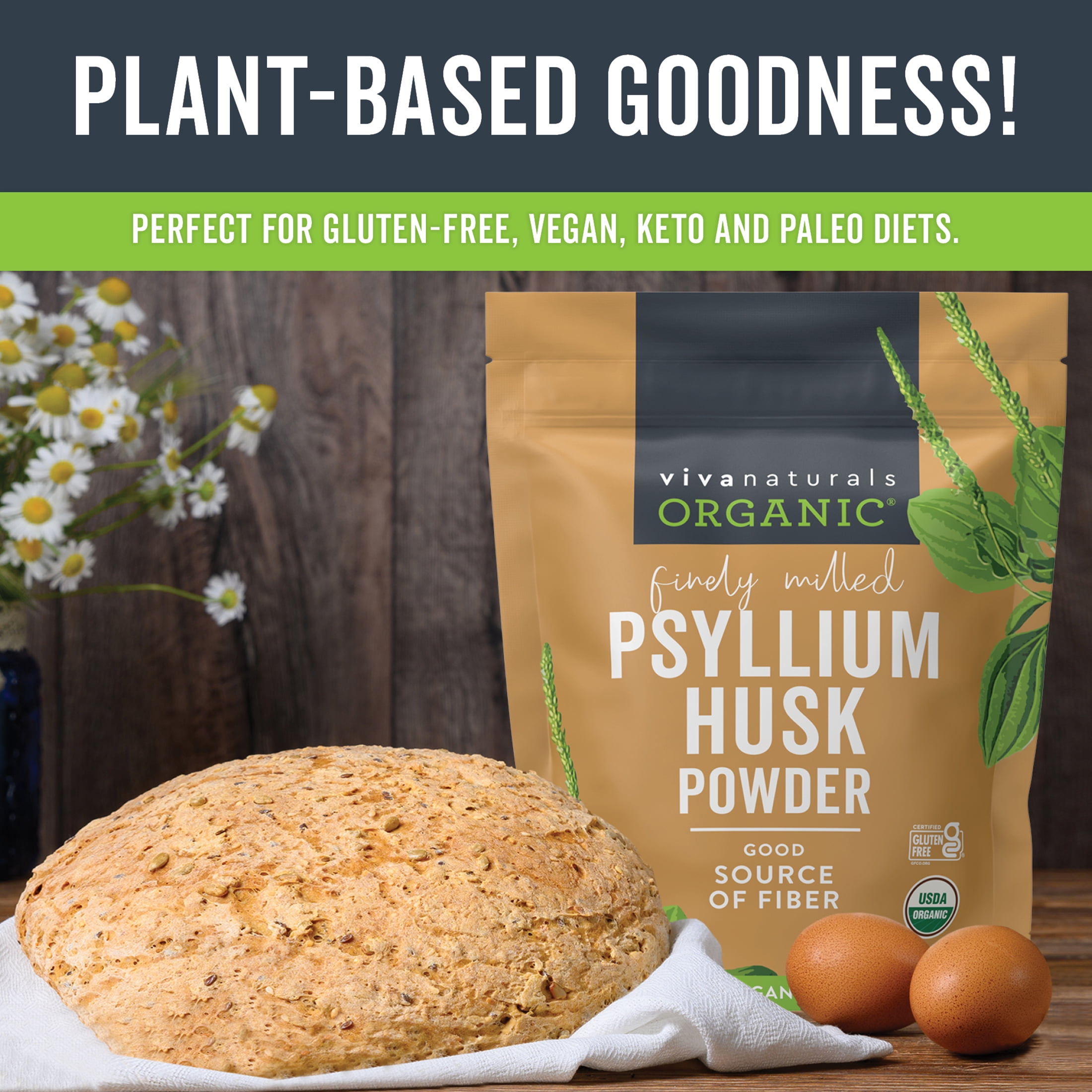 Viva Naturals Organic Psyllium Husk Powder, 24 oz-Finely Ground, Unflavored, Gluten-Free, Vegan, Keto and Paleo