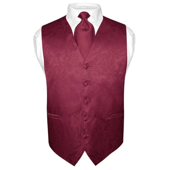 Men's Paisley Design Dress Vest & NeckTie BURGUNDY Color Neck Tie Set sz XL