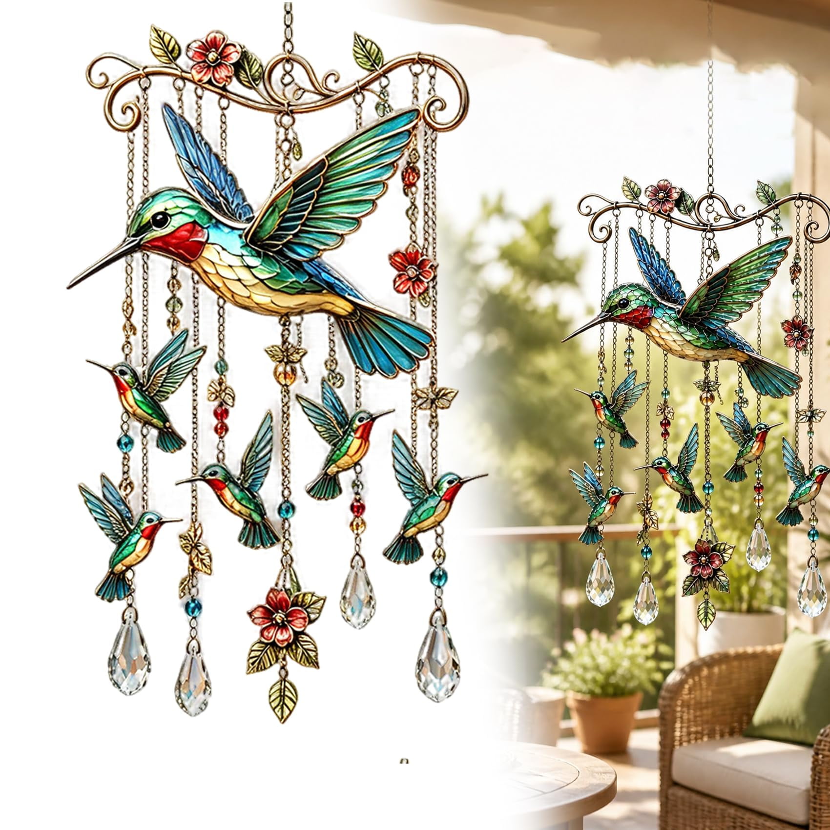 Hummingbird Wind Chime with Crystal Pendants Stained Glass Sun Catcher Wind Chimes for Outside Outdoor Yard Patio Porch Decor Gardening Gift for Grandma Mom(A)