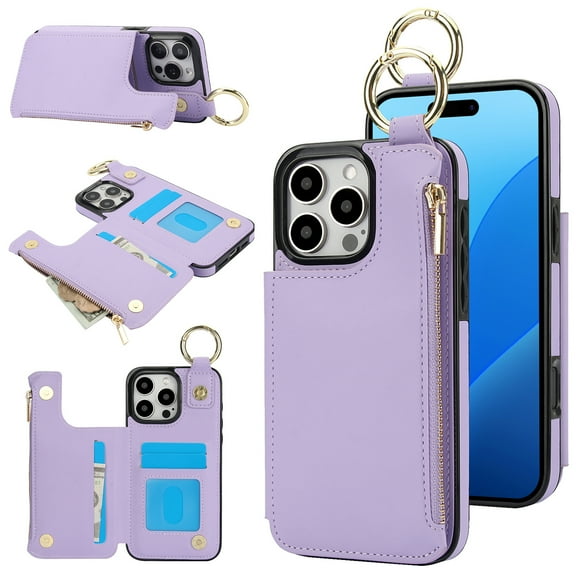 Allytechgroup iPhone 14 Pro Max Wallet Case, RFID Blocking Zipper Pocket Ring Holder Kickstand Bumper Shockproof Portable Durable Phone Case for Apple iPhone 14 Pro Max, Violet