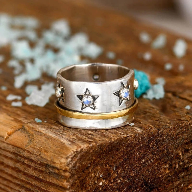 Moonstone Rotatable Metal Alloy Finger Fidget Spinner Ring For Men And Women Relief Anxiety Jewelry Gold Tones