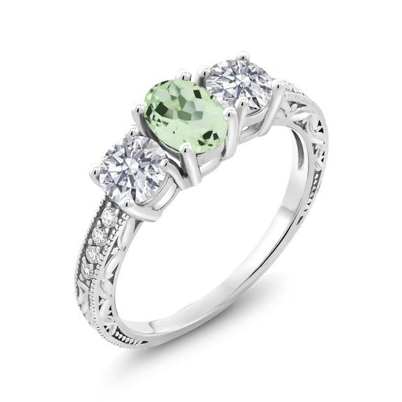 Gem Stone King 10K White Gold Green Prasiolite and Lab Grown Diamond Engagement Ring for Women | 1.87 Cttw | Oval 7X5MM | Gemstone Birthstone | Size 7