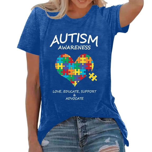 Wang6 Womens Oversized Short Sleeve Tshirts Casual Autism Awareness Love Educate Support Advocate Letter Printed Graphic Tees Summer Crew Neck Loose Fit Tops Blue XL