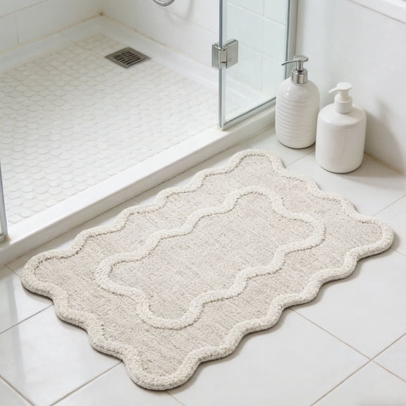Djiypn Scalloped Door Mat Indoor Entrance 16x24in Rug Machine Washable Boho Small Non-Slip Low Pile Floor Rugs for Entryway Kitchen Front Door Indoor Entrance Entry Room, Gray