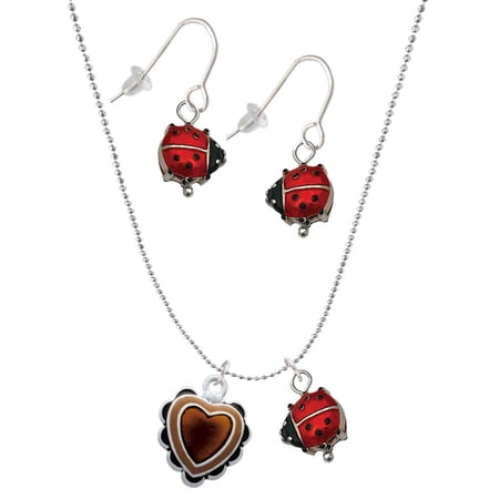 Delight Jewelry Silvertone Brown Ruffle Heart Red Lucky Ladybug Necklace and Dangle Earrings Set Delight Jewelry Silvertone Brown Ruffle Heart Red Lucky Ladybug Necklace and Dangle Earrings Set