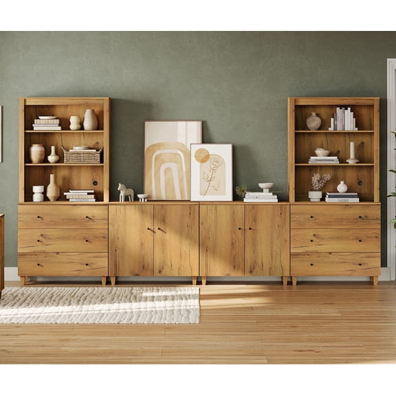 WAMPAT Modern Entertainment Center for 75" TVs, Wood TV Stand with Drawers & Cabinets for Living Room,Oak Brown