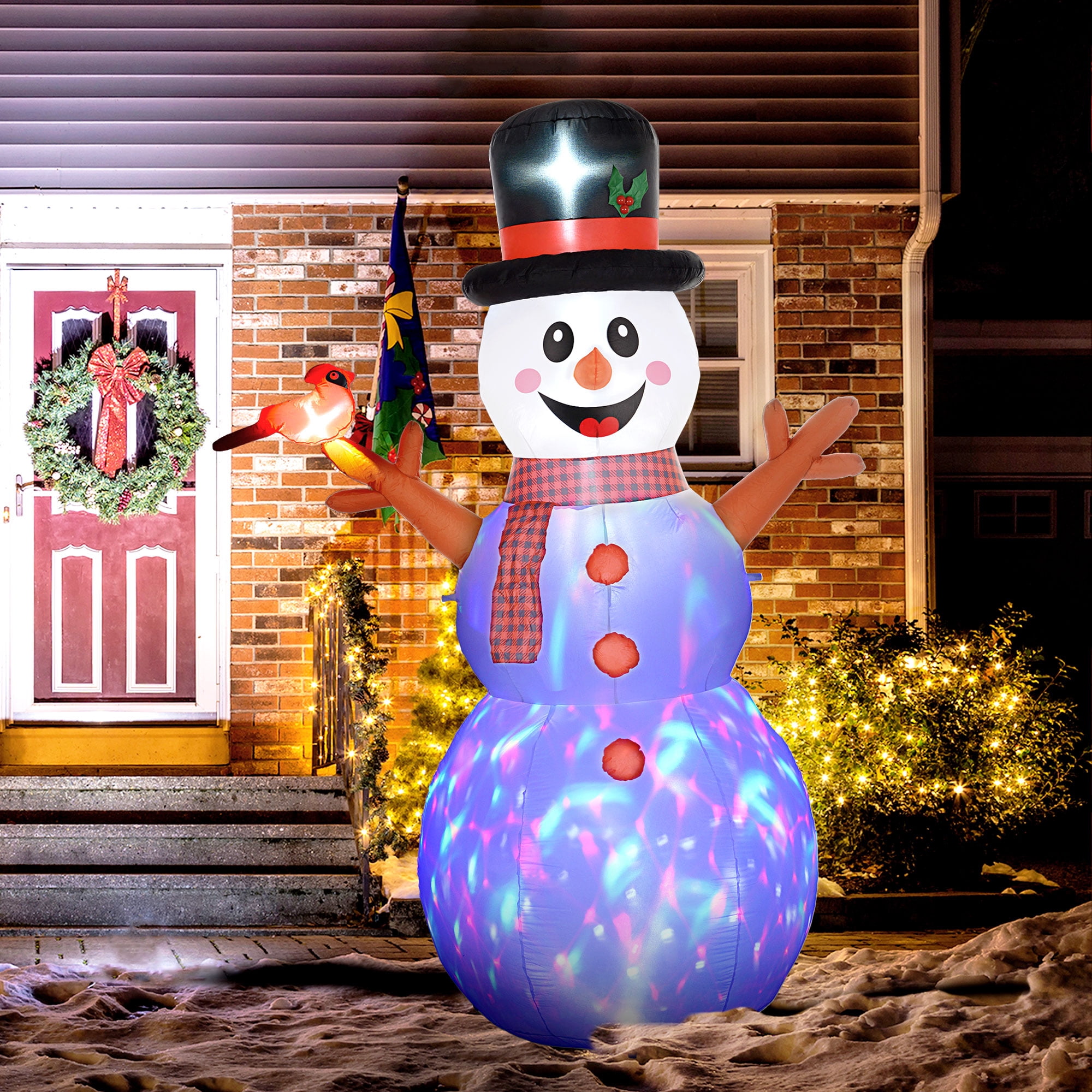 6ft Christmas Inflatable Snowman with Branch Hands LED Rotating Colorful Light Outdoor Yard Decoration