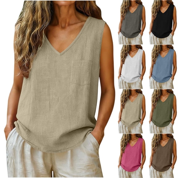 Womens Tank Tops Cotton Linen Comfy Loose Sleeveless Tee Shirt V Neck Plus Size Summer Fashion Clothing (XL, Khaki)
