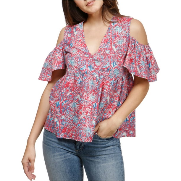 Lucky Brand Womens Floral Cold Shoulder Baby Doll Blouse, Red