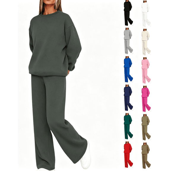 Zynoxe Womens Two Piece Sweatsuit Sets Solid Color Loose Crew Neck Long Sleeve Sweatshirt and Wide Leg Pants Lounge Sets for Daily Wear