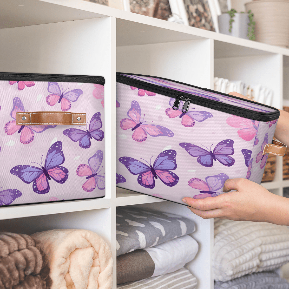 ADECORIVY Butterfly Storage Bin with Lid Fabric Purple Pink Foldable Storage Baskets Boxes for Clothes Shelves Closet Organizer Containers with Leather Handles for Wardrobe