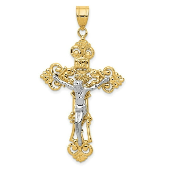 Auriga Fine Jewelry 14K White-Yellow Gold Inri Fleur De Lis Crucifix Cross Pendant for Women (L-57 mm,W-31 mm)