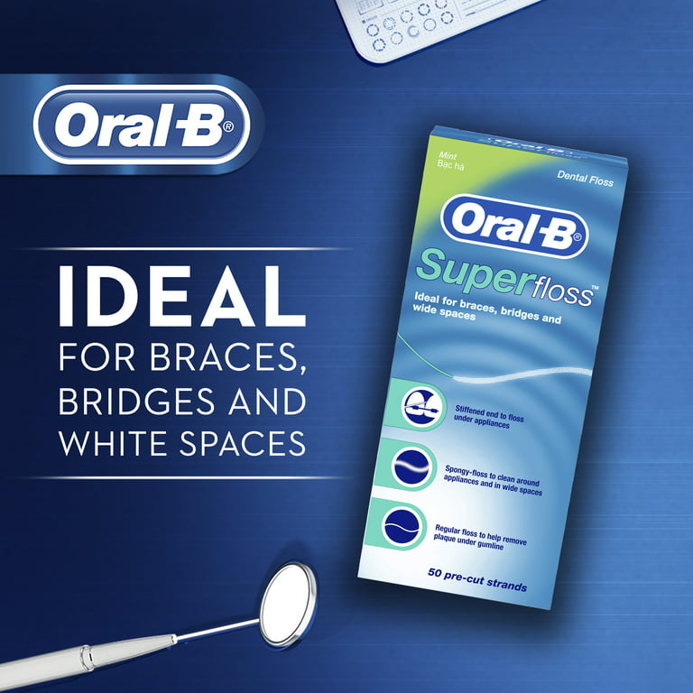 Oral-B Dental Floss for Braces, Super Floss Pre-Cut Strands, Mint, 50  Count, Pack of 2