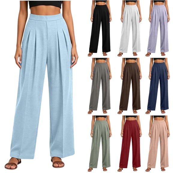 Bloomae Wide Leg Dress Pants Women Business Casual Elastic High Waist Comfy Ruched Pleated Work Pants Lightweight Vacation Beach Trousers