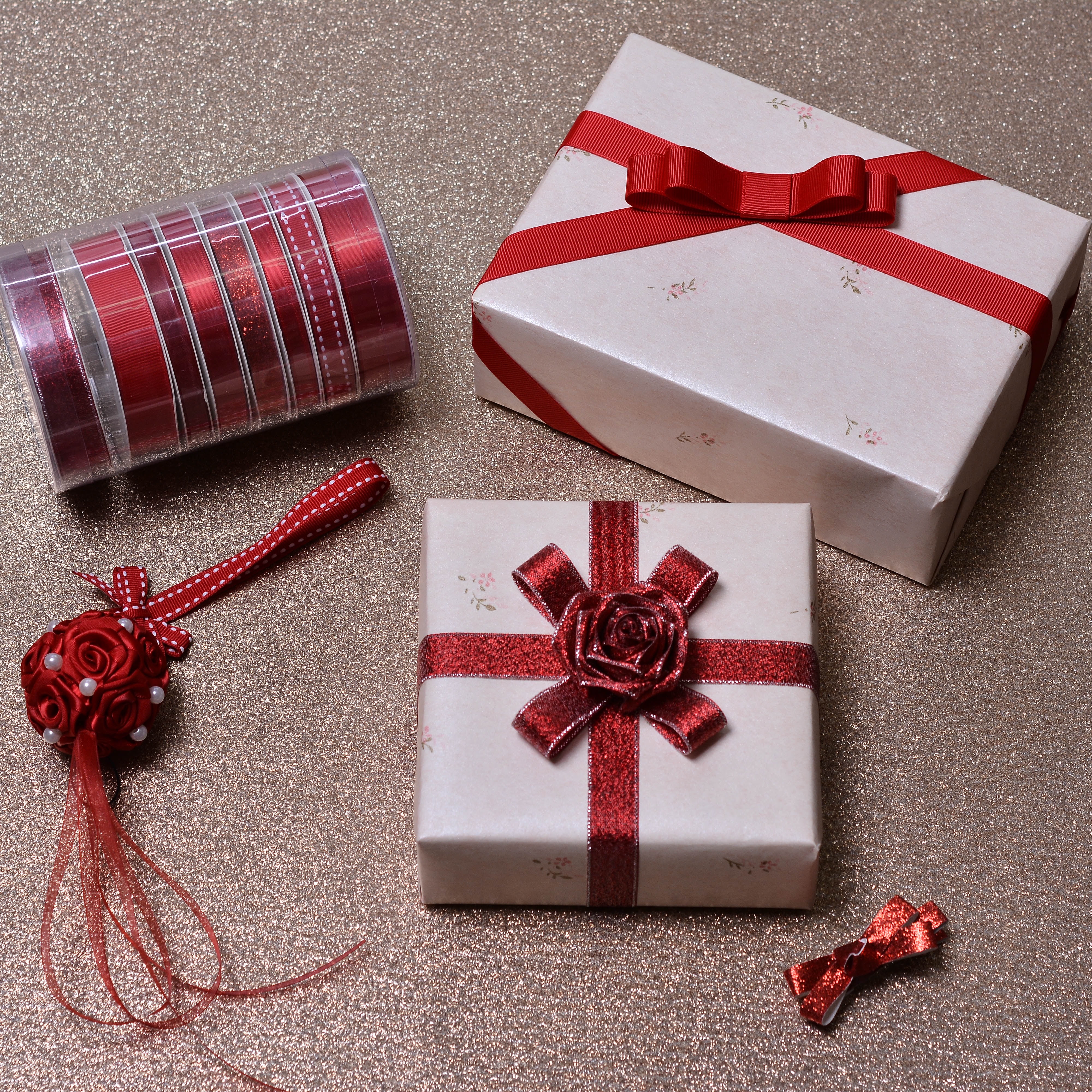 Red Satin Ribbon Tower, Set of 8 Unique Ribbons, 96 feet, Yama Ribbon
