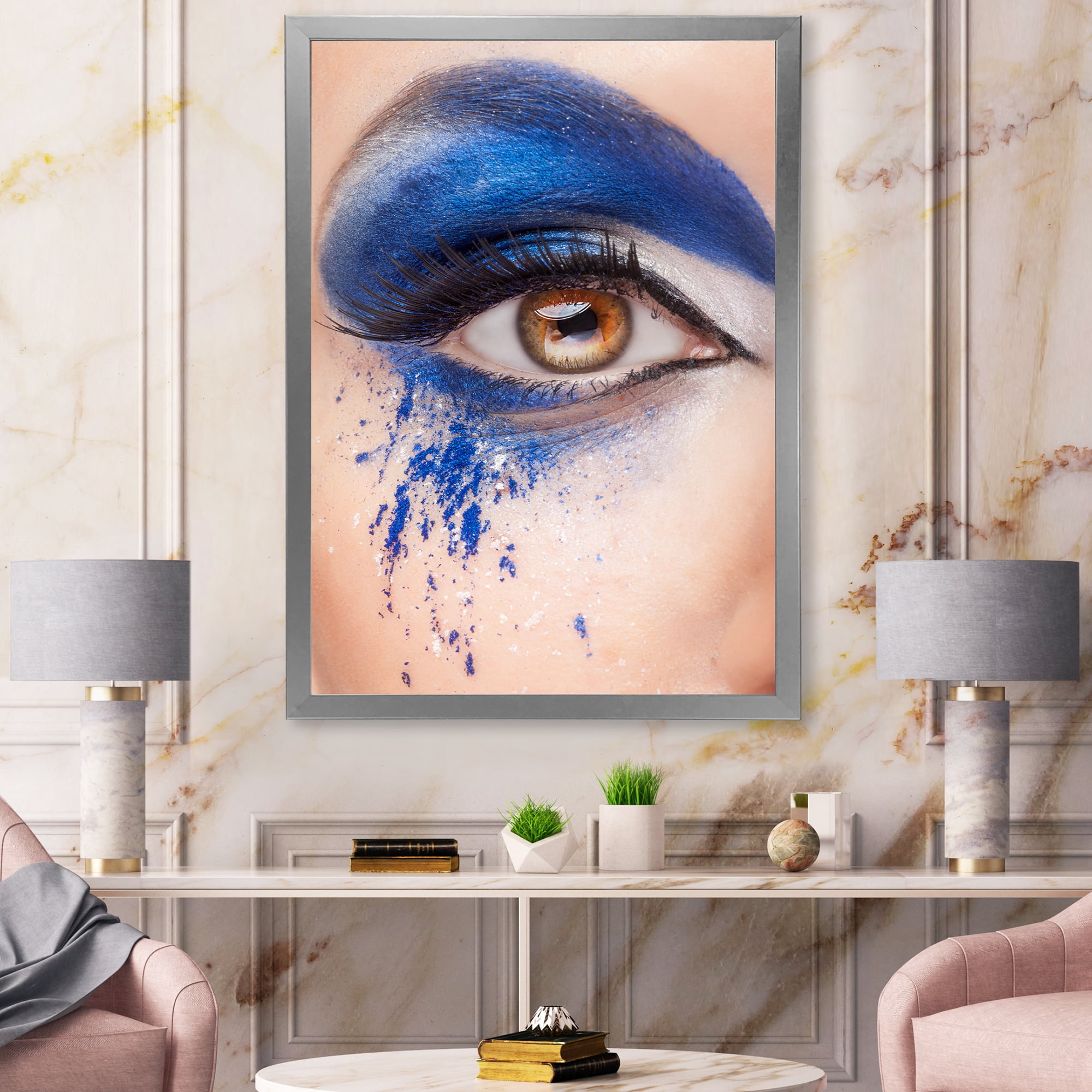 Designart 'Close Up Of Brown Eye With Blue Fantasy Make Up' Modern Framed Art Print