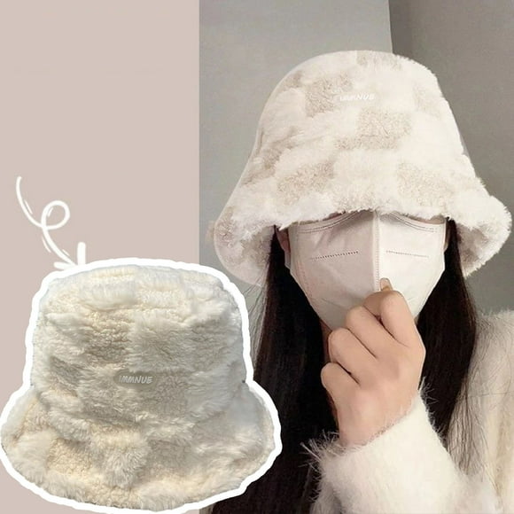 YAOBAMM Women Hat Women Winter Fisherman Hat Letter Plaid Color Matching Thick Plush Flat Top Windproof Warm Lady Bucket