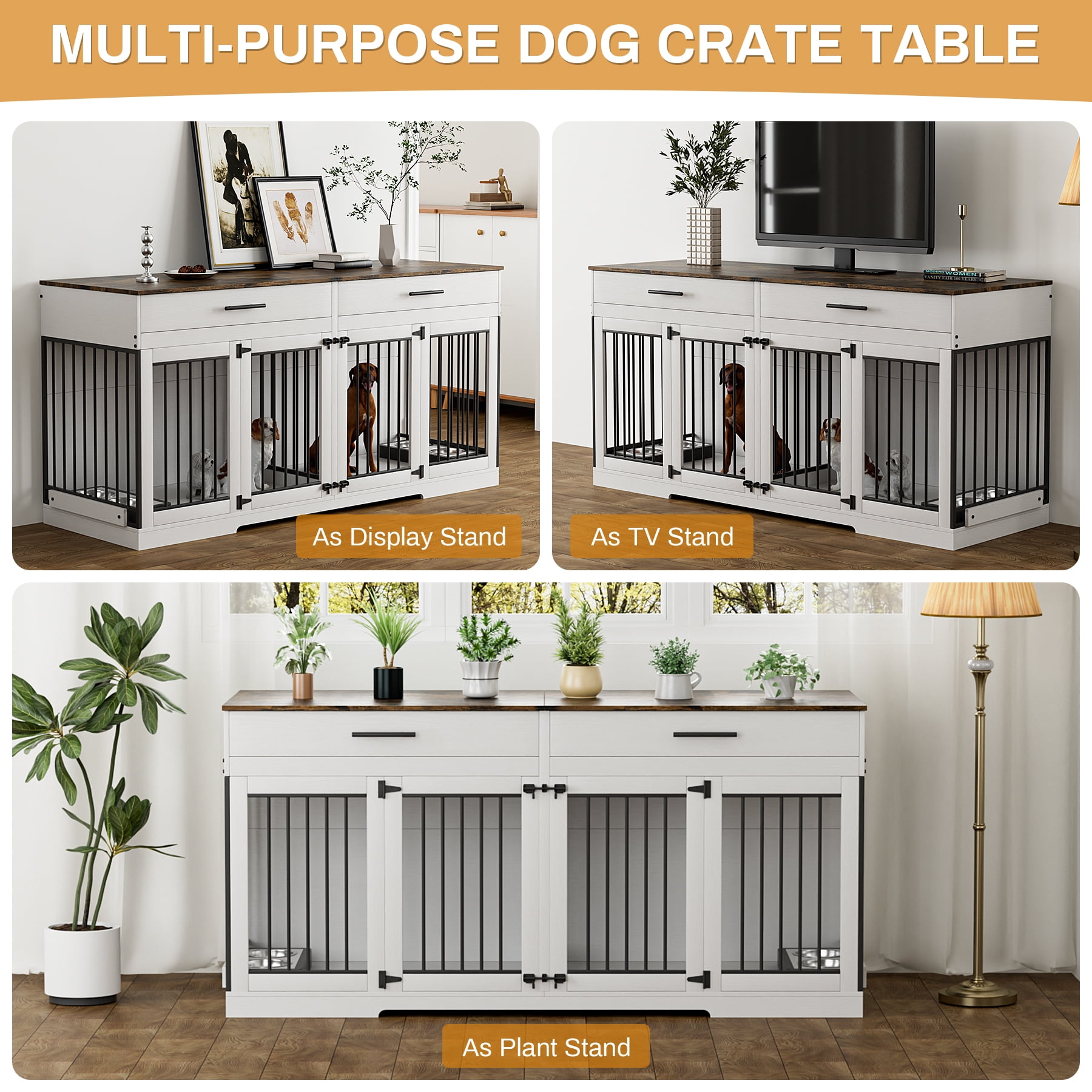 WIILAYOK 72.05" Dog Crate Furniture, Wooden Dog Kennel with 2 Drawers and 4 Dog Bowls, Heavy Duty Indoor Furniture Style Dog Cage House
