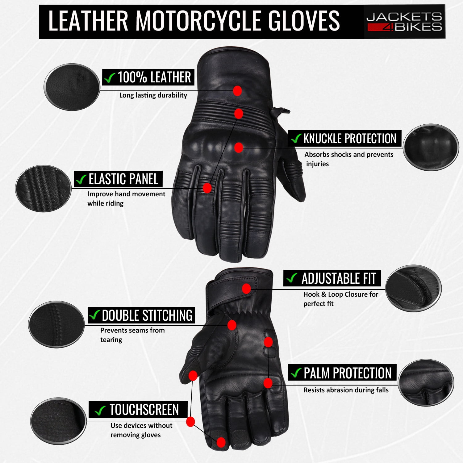 Men's Genuine Leather Cruiser Street Biker Padded Gloves L