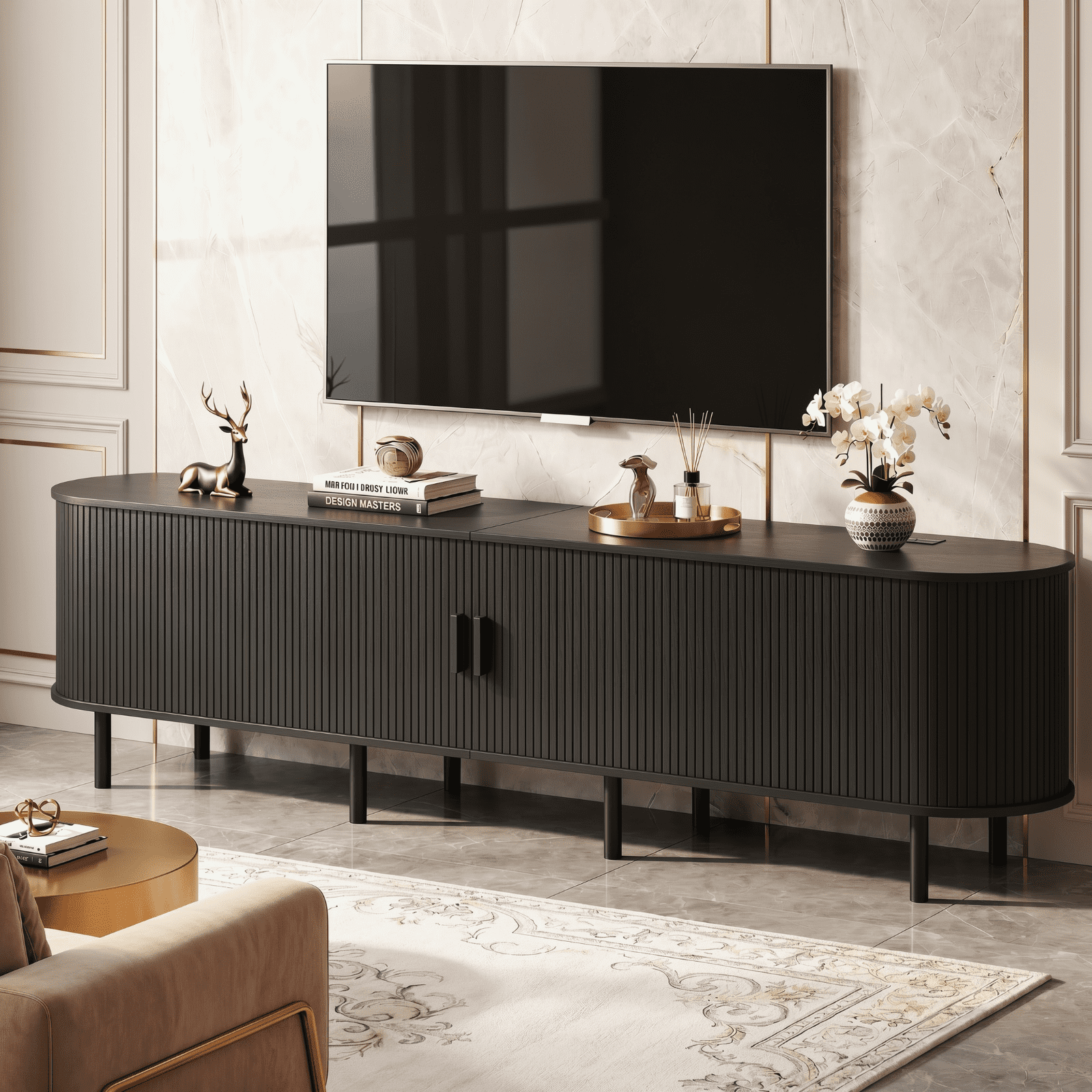 ROGALIS 86.6-Inch TV Stand with Built-in Power Outlet, Compatible with TVs Up to 90 Inches, Modern Entertainment Center with Adjustable Shelves, Storage Space, and Sliding Doors, Black