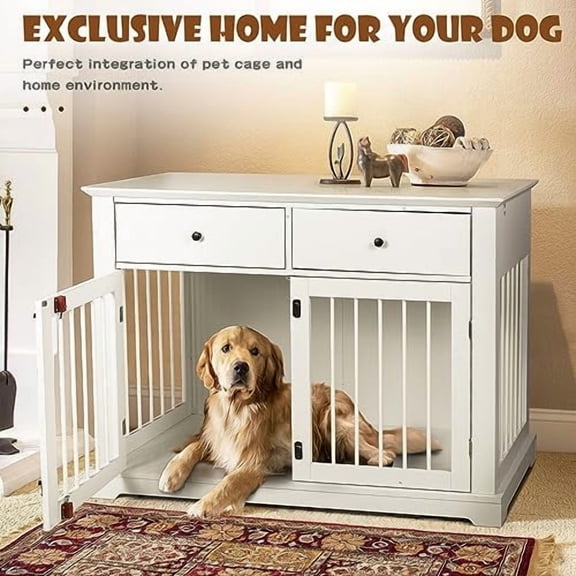LEMBERI 44 Inch Large Dog Crate Furniture, Wooden Dog Kennel End Table with Storage Drawers, Decorative Pet Cage Dog House Indoor for Dogs