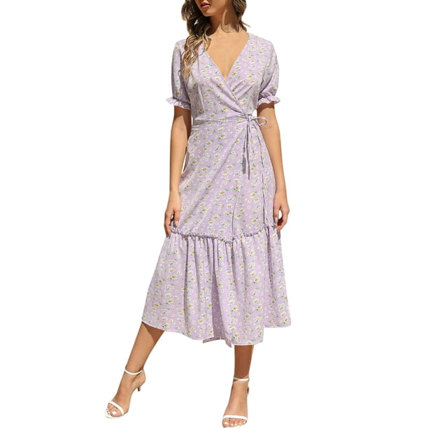 Gibobby Vestido Mujer Casual de Playa Verano Mujeres Casual Fashion vestido Floral imprimió Bohemia V cuello elegante Sexy vestido A Line manga corta Casual Mid(Morado,G)