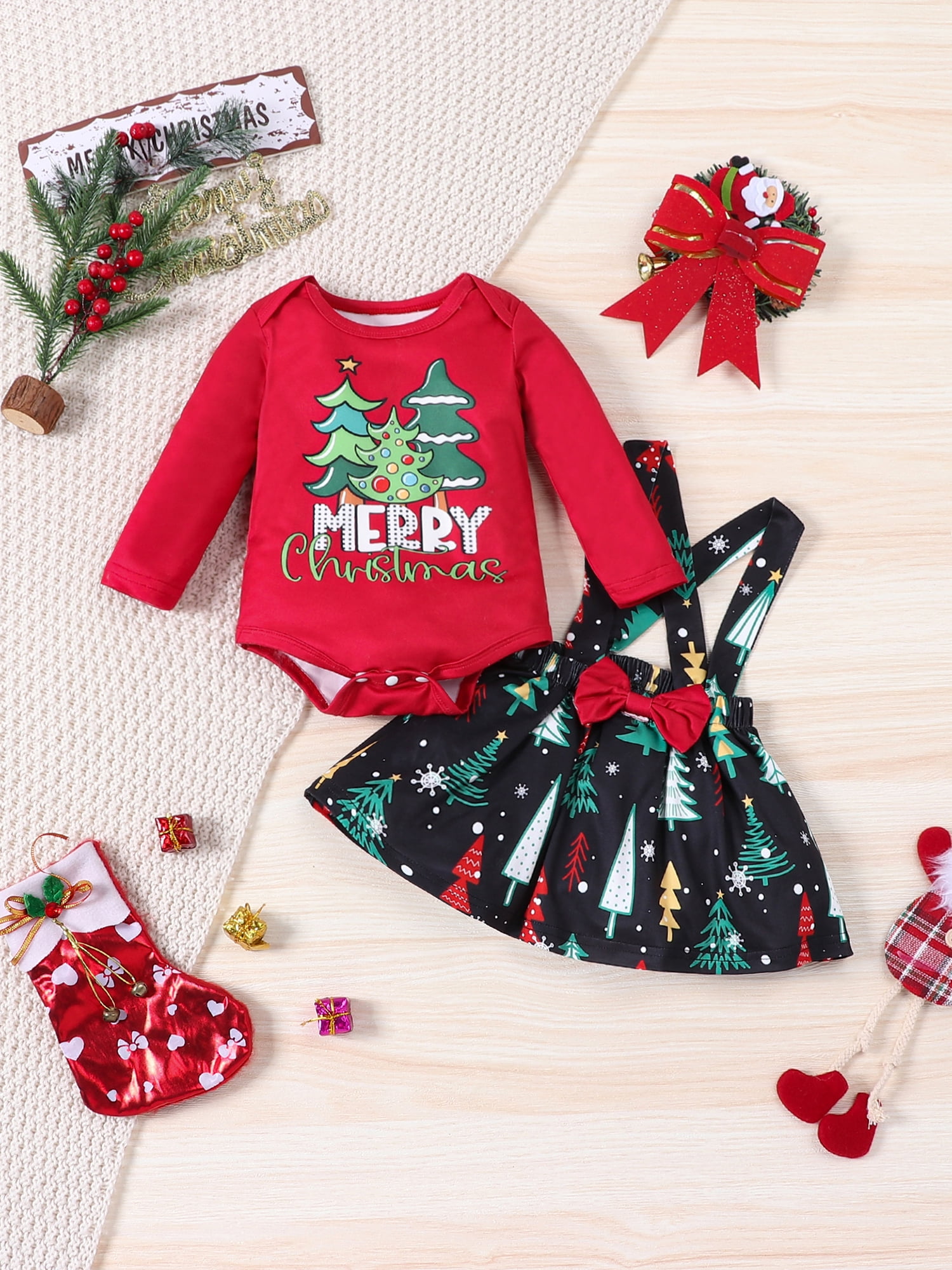 Costume De Noël Pour Bébé Fille - Robe Barboteuse Velours Côtelé Avec Chapeau, Tailles 1-18 Mois - 2