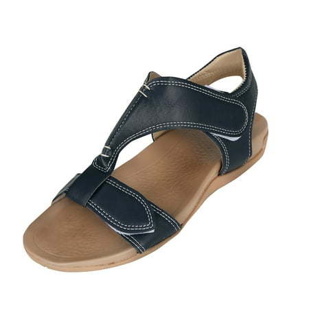 CHOII 50% Clearance Sandals One Button Light Flat Shoes Casual Rubber Sole Sandals Women s Sandals Velcro Slippers Unique Stitched Upper Ankle Strap Sandals Comfort Sandals Blue/7.5