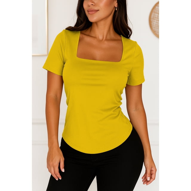Blusa de licra fresca y elegante cuello cuadrado Amarillo Chica