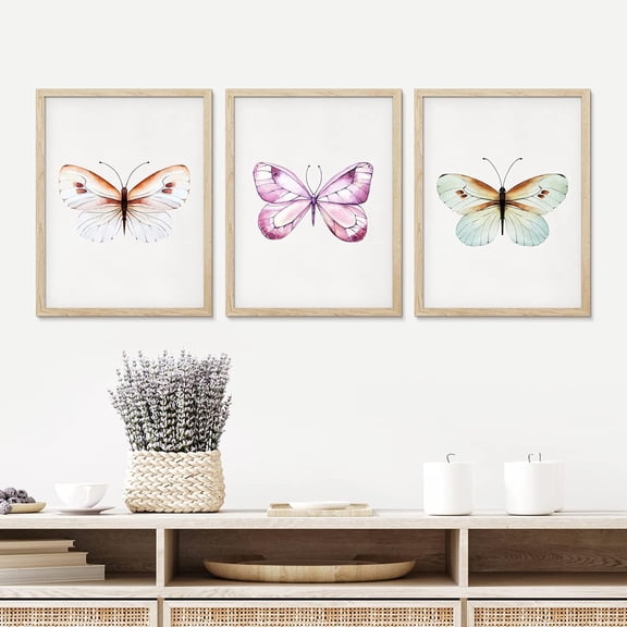 PixonSign Framed Canvas Print Wall Art Set - Colorful Butterfly Portraits Posters - Set of 3 Pastel Nature Country/Farmhouse Preppy Room Decor Boho Wall Décor for Bedroom, Office - 12"x16"x3 Natural