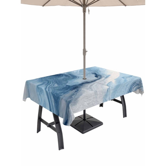 Outdoor Tablecloth with Umbrella Hole for Patio/Picnic/Party/Camping, Blue Marble Waterproof Table Cloth Rectangle Table Cover Washable, Summer Ocean Wave Blue Ombre (60"x 120")