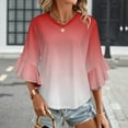 thumbnail image 3 of Aesthetic Raspberry Red And White Gradient Women's V-Neck Blouse With 3/4 Ruffled Bell Sleeves Casual Top Ladies Blouses, 3 of 7