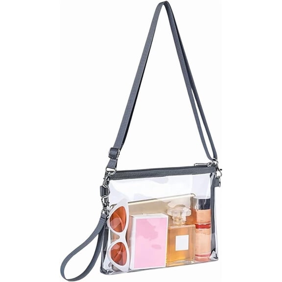 Transparent PVC 215x275x2mm Small Stadium Approved Crossbody Bags Rectangle See Through Gray Handbag Clear Waterproof Shoulder Purse with 53cm Adjustable Strap for Women Traveling Sports Concerts 1pc