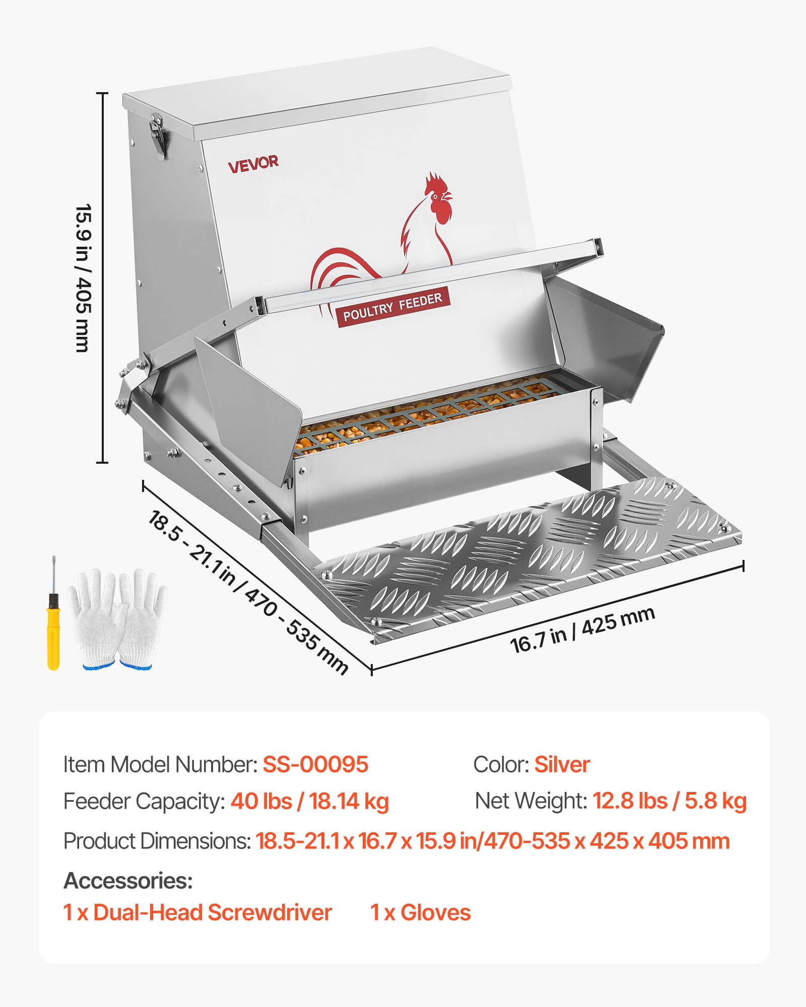 VEVOR Automatic Chicken Feeder, 40 lbs Capacity, Rainproof Treadle Poultry Feeder with Lockable Lid, No Waste, Galvanized Steel Construction, Outdoor Use, for Chicken, Bantams, Poultry, Pheasants