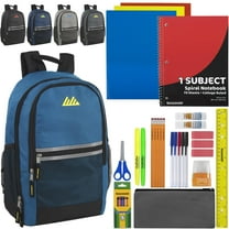 12 Pack of Bulk Wholesale 18”L Classic Assorted Color Backpacks with 30 Piece Stationary Kits Containing 1 Notebook, 3 Folders, 5 Pencils, 5 Pens, 3 Erasers & More in Male Colors Pack
