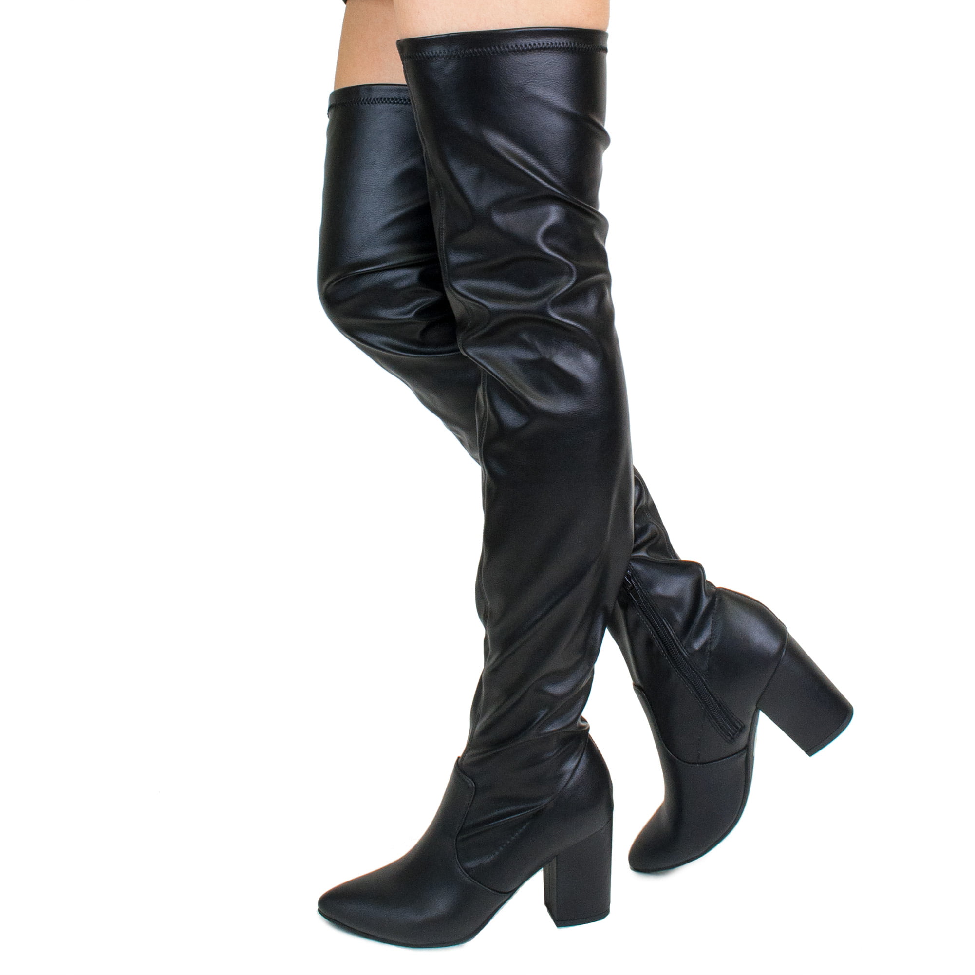 Women Ladies Zip Over Knee Boots Block Heel Thigh Stretch Fur Winter Shoes Size 