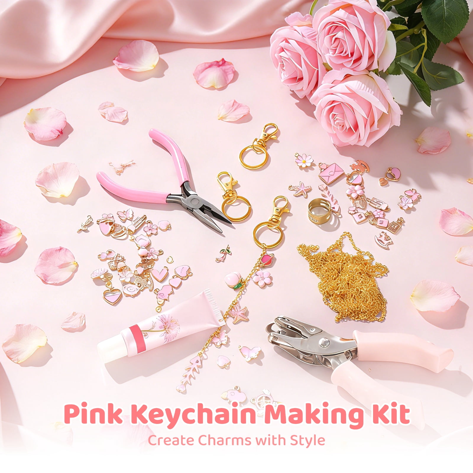 325 Pcs Pink Keychain Making Kit with Random Pendants, Pliers, Jump Rings, 8.2 ft Chains, Hole Punch, DIY Charms Lip Gloss Keychain Supplies for Jewelry Making, DIY Crafts