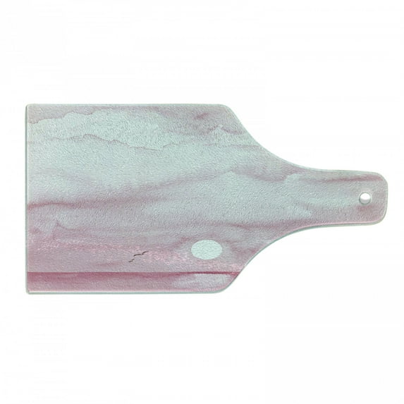 Seagulls Cutting Board, Sunrise by the Beachside Birds Flying Towards Horizon Watercolor Style, Decorative Tempered Glass Cutting and Serving Board, Wine Bottle Shape, Pink White, by Ambesonne